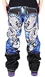 Generic Men's Hip Hop Back Graffiti Print Unwashed Baggy Jeans Denim 36 Black