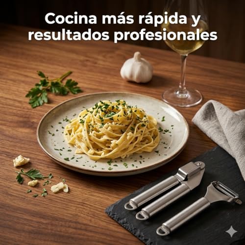 Professional Garlic Press + Vegetable Peeler – Garlic Chopper + Potato Peeler – Effortlessly Crushes in Seconds – Stainless Steel – Easy Cleaning, Dishwasher – Quick Cooking Kit Recipe QR
