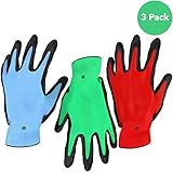 Vremi Heavy Duty Gardening Gloves for Men and Women - 3 Pack Large Size Bamboo Nitrile Coated Indoor and Outdoor Garden Gloves for Vegetable Roses or Flower Gardens - Blue Green and Red