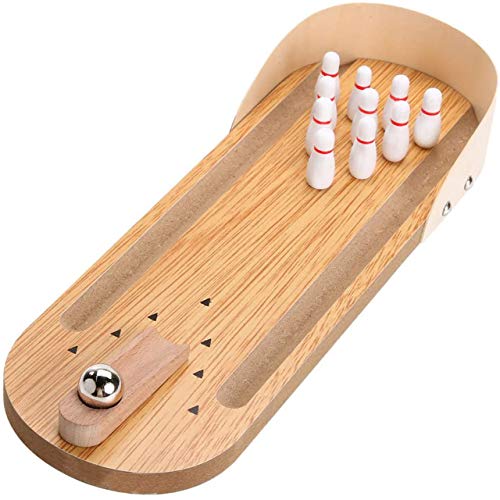 desktop mini bowling game set - unique novelty office desk toys - funny white elephant gag gifts - wooden table top fun family board games for kids adults men - finger sports cute stocking stuffers