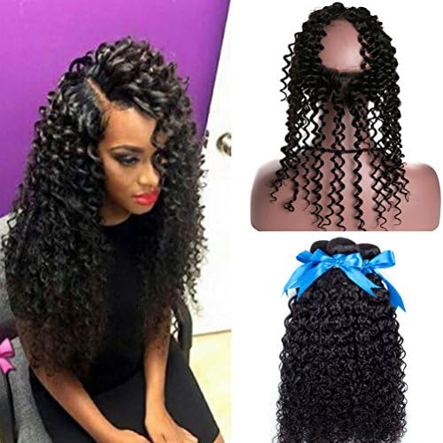 GEFINE Hair Pre Plucked 360 Lace Frontal Closure with Bundles Peruvian Virgin Hair Curly Weave Wave Human Hair with 360 Closure Free Part Bleached Knots With Baby Hair 16 18 20+18inch