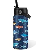 Shark Gift for Kids - 16oz Kids Water Bottle with Straw Lid, Stainless Steel Insulated Tumbler, Leak Proof, BPA - Free, Sport Bottles for School, Travel, Sea Fishes Children Birthday Gift Cup (1pc)
