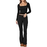 Simlakey Women's 2 Piece Workout Sets Square Neck Long Sleeve Crop Tops Fold over Flare Leggings Casual Gym Pilates Yoga Set