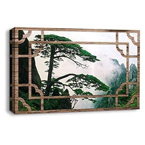 Canvas Wall Art Traditional Chinese Windows View Painting Artwork for Home Prints Framed - 12x18 inches