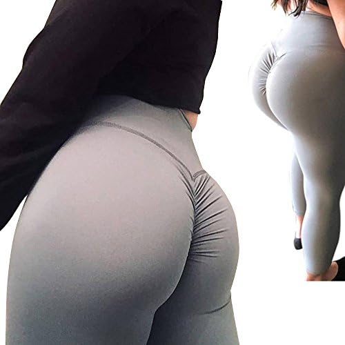 iLoving Yoga Leggings, Women Ruched Butt Lift High Waist Grey Yoga Pants Workout Gym Skinny Tights