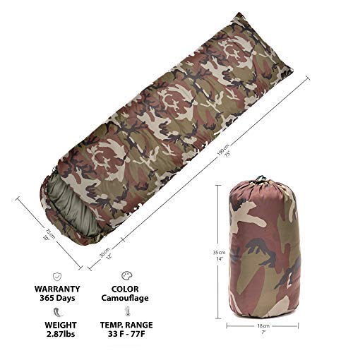 CM&A Camouflage Sleeping Bag – Lightweight and Compact for Camping, Hiking, Backpacking for Adults & Kids- 3 Season Warm Military Sleeping Bag