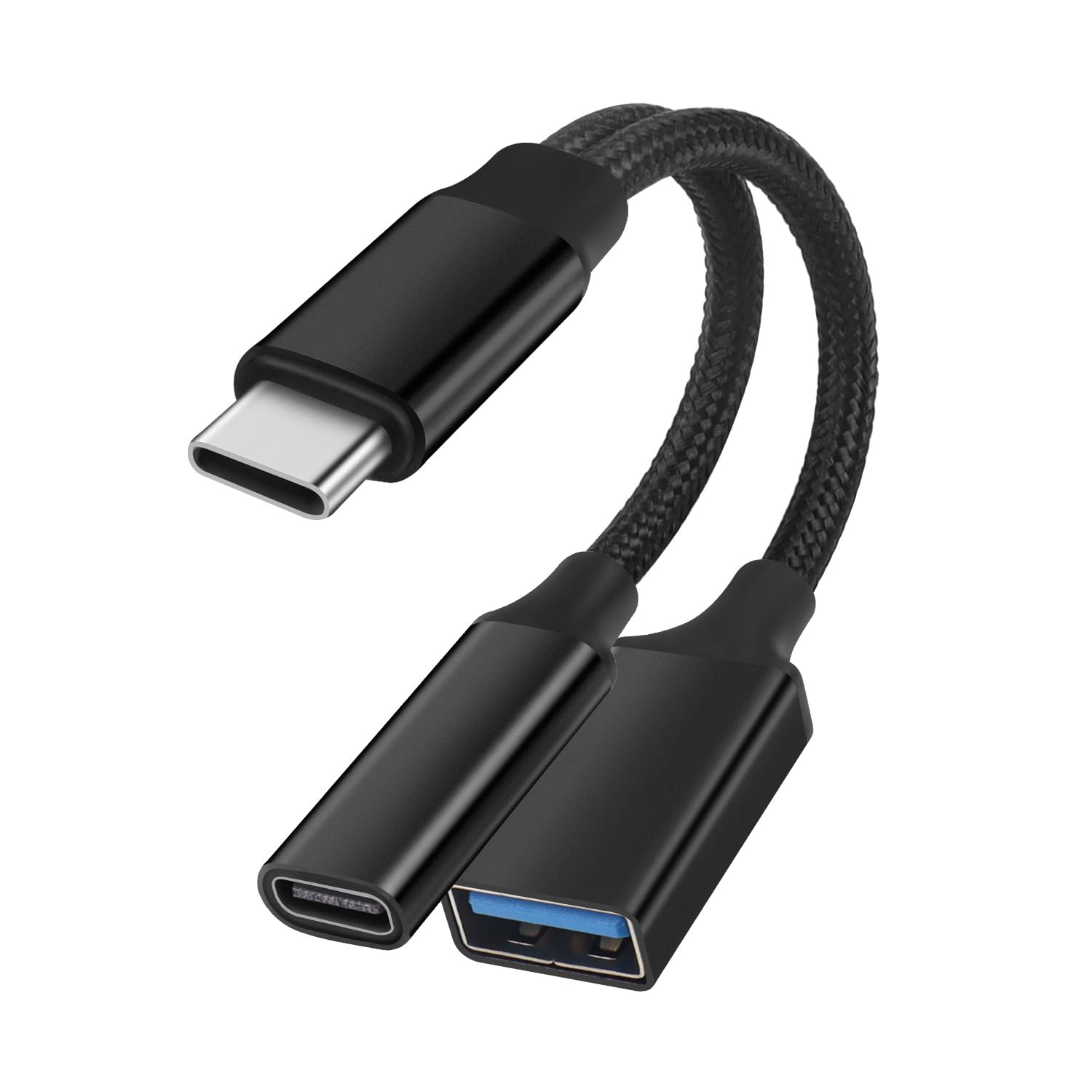 GELRHONR USB C OTG Charge Adapter , 2 in 1 USB-C Splitter, Short Type C Charging Cable with USB Female and USB C Female, for Most Type-C Phones, Laptops,Tablet,USB Fan,Printer (Black)
