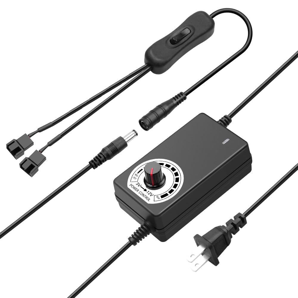 Photo 1 of SHNITPWR 12V Fan Power Supply PC Fan Speed Controller 110V-240V AC to DC 3-12V 2A 24W PC Fan Adapter Adjustable pwm Fan Controller with Fan Splitter Cable DC Female to 2 x 3/4 Pin Multi-Functional