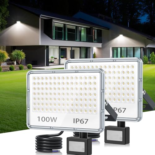 TASINUO Outdoor LED Spotlights with Motion Sensor 100 W 10000 LM 2 Pieces | 6500K Cool White LED Lamp, IP67 Waterproof Light with Motion Sensor, Outdoor Light for Garden, Terrace, Garage, Entrance