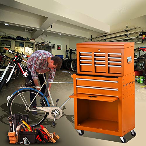 8-Drawer Rolling Tool Box, Rolling Tool Chest with Drawers and Wheels, Tool Storage Cabinet with 4 Swivel Wheels (2Pcs with Brake), Keyed Locking System Tool Organizer (Orange)