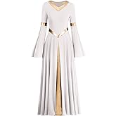 Women Metallic V Neck Praise Dance Dress Liturgical Worship Costume Bi Color Bell Long Sleeve Church Robe Praisewear
