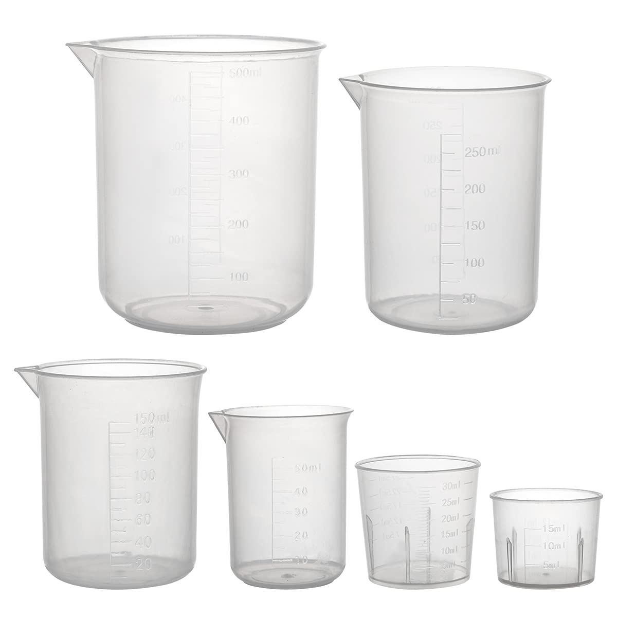 SANHUI 6 PCS Measuring Cup Plastic Beaker Measuring Jugs Transparent Labs Graduated Beakers 500ml 250ml 150ml 50ml 30ml 15ml(Transparent)