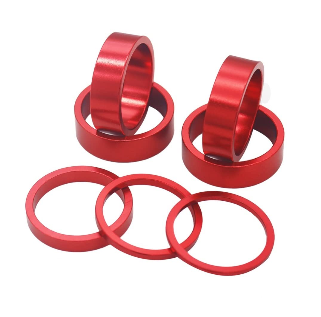 PLATT 7PCS Bike Headset Spacer 1 1/8" Aluminium Alloy MTB Road Bike Stem Headset Spacer 2/3/5 /10mm (Black) (Red 7PCS)