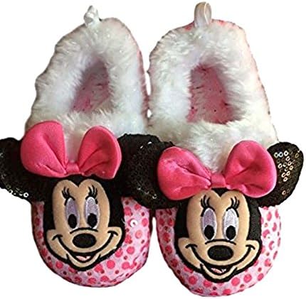 Minnie Toddler Girls Slipper Pink Sequins Faux Fur Cuff 3D Accents Slip On (Large (9-10))