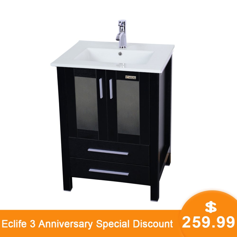 Eclife 24.5" Modern Bathroom Vanity Sink Combo with Overflow Ceramic Sink Top & MDF Stand Bathroom Cabinet & Chrome Solid Grass Faucet and Pop Up Drain Counter Top Basin with Vanity Mirror A8B3