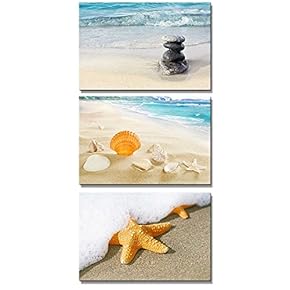 Beach Scenery with Sea Shell Starfish and Zen Stones - Canvas Art Wall Art - 16"x24" x 3 Panels