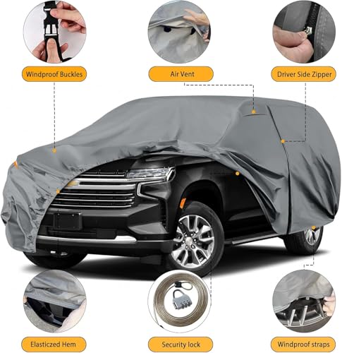 Car Cover Custom Fit for 2000-2026 GMC Yukon Accessories, Waterproof All Weather Full Exterior Cover with Door Zipper & Windproof Straps for Rain Dust Hail UV Protection