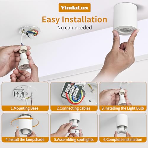 YindaLux Pack of 6 Surface-Mounted Spotlights, White, 30° Swivelling Surface-Mounted Spotlight with GU10 Socket, Diameter 80 x 84 mm, Aluminium Surface-Mounted Ceiling Spotlights, 230 V Surface Mounted Light for Bedroom, Office, Hotel, Round (without GU10 Lamp)