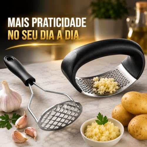 Kit Amassador de Batata + Espremedor de Alho Profissional em Aço Inox – Kit culinário premium para receitas rápidas Resistentes Fácil Limpeza Ideal para Purê Temperos e Receitas Rápidas PREMIUM