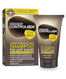 Just for Men Control GX Grey Reducing Shampoo for Lighter Shades of Hair, Blonde to Medium Brown, Gradually Colors Hair With Hemp Oil and Arginine for Stronger and Healthier Hair, 4 Fl Oz