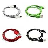Htech Pack of 4 Micro USB Braided Rope Sync Data Charger Cable Charging Cord Color Black White Red Green for Samsung S4 i9500 S3 i9300 S2 i9100 HTC LG