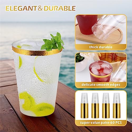 Hejo 60 Pieces Plastic Glasses with Gold Bordered Reusable Wine Glasses 360ml - 12oz, Plastic Cups Reusable for Cocktails, Champagne, Beer, Martini, Party But