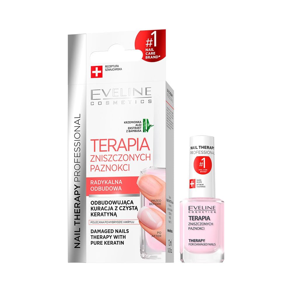 Eveline Cosmetics Nail Therapy Professional Nail Conditioner - PowerNail H+K Repair Therapy, Strengthens & Smooths Damaged Nails, 12ml