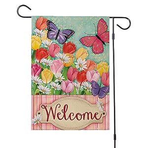 Butterfly Welcome Garden Flag Spring Tulip Flowers Yard Sign Porch Outdoor Flag Small Vertical Burlap Double Sided for…
