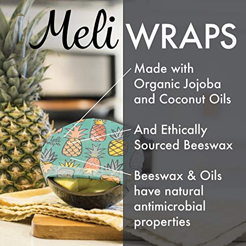 Meli Wraps Beeswax Wraps - Reusable Food Wrap Alternative to Plastic Wrap. Certified Organic Cotton, Naturally Antibacterial. 3-Pack includes sizes (SML) in Kahanu Print