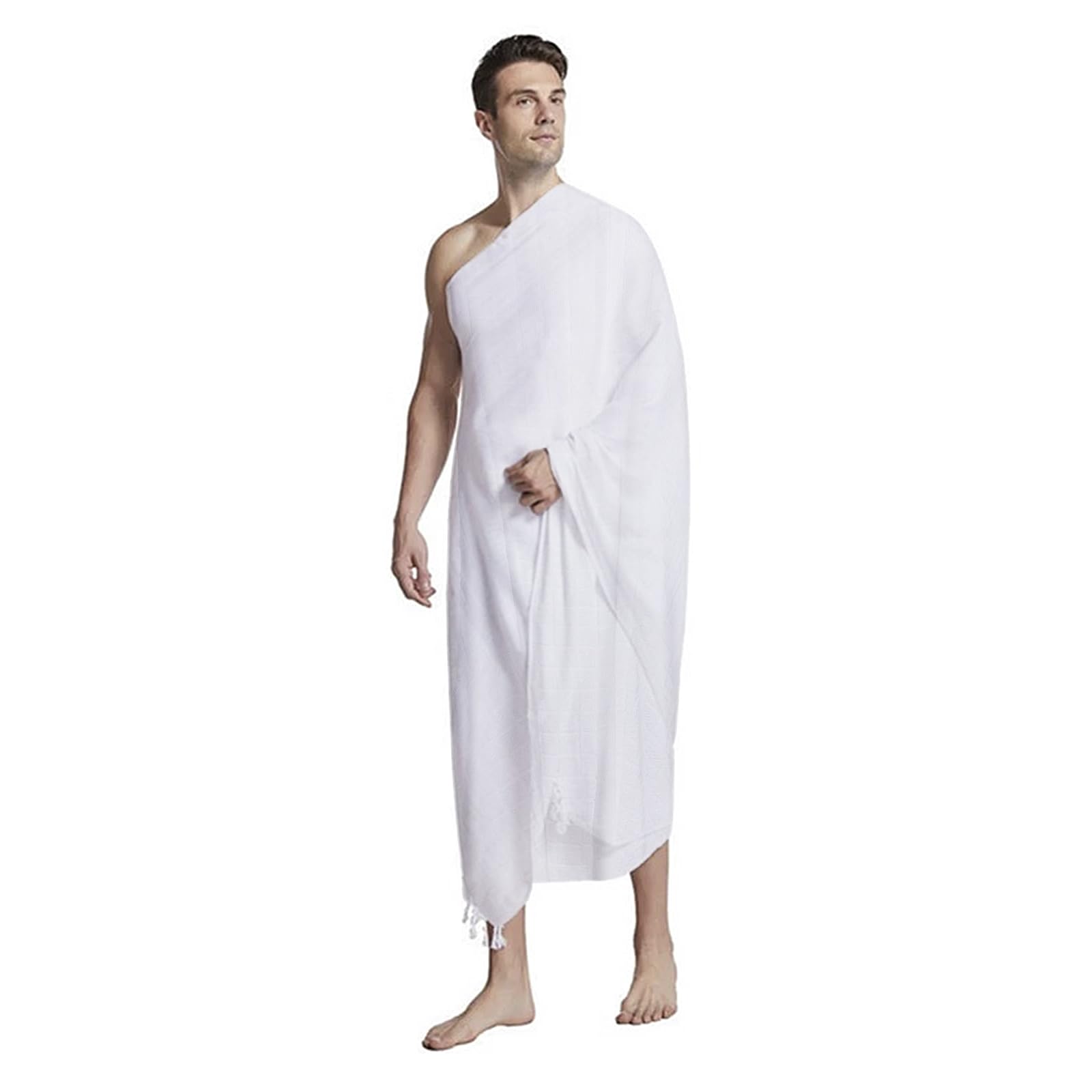 2PCS Ihram Ehram Ahram for Men for Hajj Umrah Men Pilgrimage Clothing Muslim Prayer Shawl White Prayer Wrap Arab Ihram Towel Embossed Hajj Attire, 43” x 87” Tops Bottoms (with Tassel)