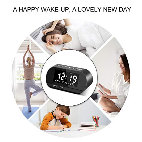 VEGKEY Digital Alarm Clock Radio, Small Alarm Clock with FM Radio, 6 Brightness, Dual USB Charging Ports, Temperature Display, Snooze, Dual Alarms with 6 Alarm Sounds for Bedrooms, Bedside, Desk