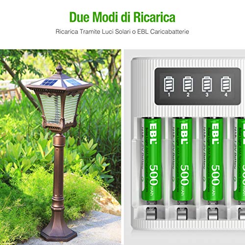 EBL AAA Batterie Ricaricabili, 1.2V 500mAh Ni-MH AAA Pile Ricaricabili per Luci Giardino Solari, Confezione da 20 pezzi