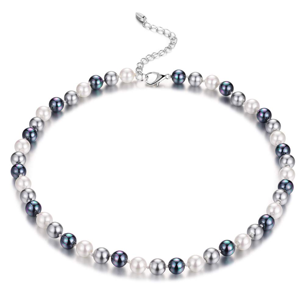 BULINLIN Pearl Beaded Choker Necklace for Women, 8mm/10mm Shell Pearls Costume Strand Necklace Fashion Jewellery Birthday Gift for Her（8mm Grey）