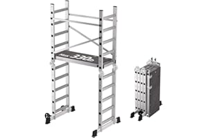 APARECIUM 10' Foldable Aluminum Scaffolding Ladder, Multipurpose Rolling Work Platform, Scaffold Tower, Ladder Stool Bench, Adjustable Platform, 330 Lbs Duty Rate