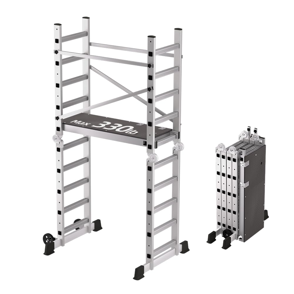 Photo 1 of APARECIUM Aluminum Foldable Scaffolding Ladder, Multipurpose Rolling Work Platform, Scaffold Tower, Ladder Stool Bench, Adjustable Platform, 330 Lbs Duty Rate
