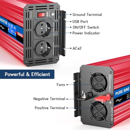 ETREPOW ® 1500W Converter 24v 220v Pure Sine Transformer-2 EU AC and USB Sockets, Wireless Remote Control and LCD Screen Inverter for Solar Systems, Car, Camping, Travel