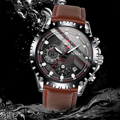 SUNVEN Mans Black Watch Waterproof Sports Quartz Water Resistant 30M with Brown Leather Strap Chronograph and Calendar Military Outdoor Style Fashion Wristwatches for Men