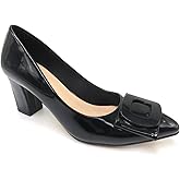 Women's Classic Faux Leather Square Toe with Decorative Buckle, Block Heel Pumps Professional Dress Shoes