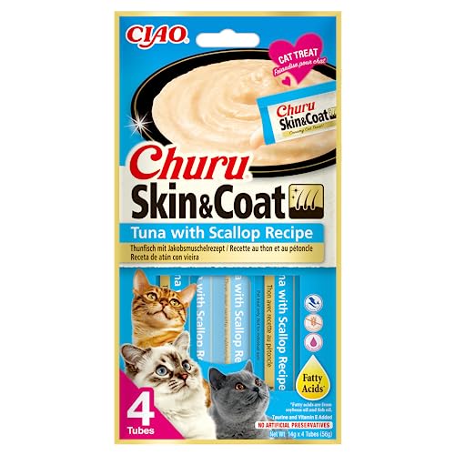 INABA Churu Skin & Coat Cat Treat - Tuna with Scallop - 1 Pack (4 x 14g total) / Soft & Creamy Treat, Delicious & Healthy Snack, Lickable Sticks, Puree Food Topper, Natural, Grain Free