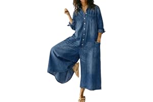 TACSTRUN Women's Oversized Denim Jumpsuit Long Sleeve Button Down Wide Leg Jean Romper with Pockets