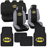 Gotham City Gray Silver Batman Logo on Black Car Seat Covers & Plush Carpet Leather Trim Floor Mats Marvel Comics Auto Interior Kit - 15pc Seat Covers Steering Wheel Shoulder Pads