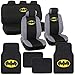 Gotham City Gray Silver Batman Logo on Black Car Seat Covers & Plush Carpet Leather Trim Floor Mats Marvel Comics Auto Interior Kit - 15pc Seat Covers Steering Wheel Shoulder Pads