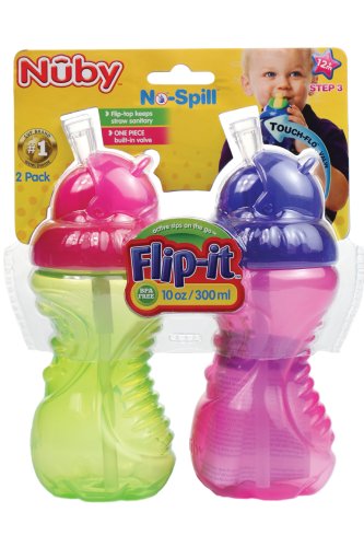 Nuby 2-Pack No-Spill Flip-It Cups, 10 Ounce, Colors May Vary