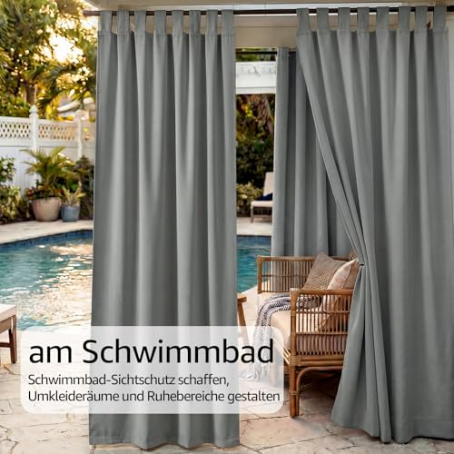TOPICK Outdoor Curtain Weatherproof Sun Protection Curtains with Loops Opaque Living Room Balcony Door Curtain Outdoor Curtains H 215 x W 132 cm Set of 2 Water-Repellent for Balcony Gazebo Light Grey