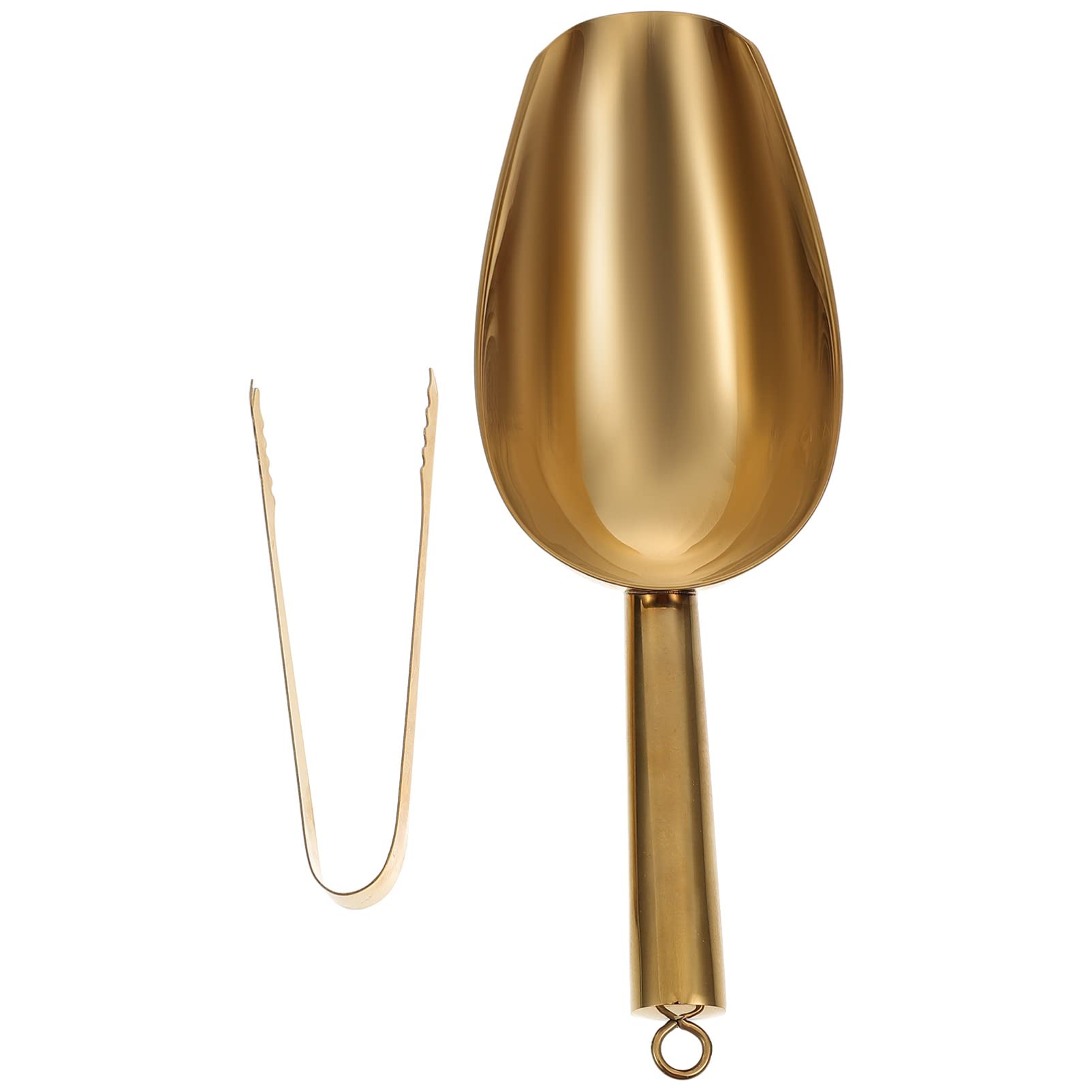 HEMOTON Golden Ice Tongs and Shovel Stainless Steel Ice Cube Tongs with Teeth Ice Cube Shovel Kitchen Utility Scoop for Ice Container Tea Coffee Bean Flour