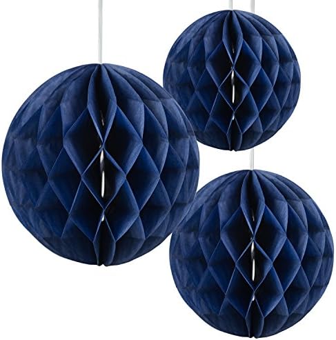 Floral Reef Set of 3 Assorted Sizes (8", 10", 12") - NAVY BLUE Tissue Paper Honeycomb Ball Pom Pom Flower Hanging Home Decoration Party Wedding