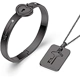His Hers Love Heart Key Lock Bangle Bracelet Tag Pendat Necklace Set in a Gift Box