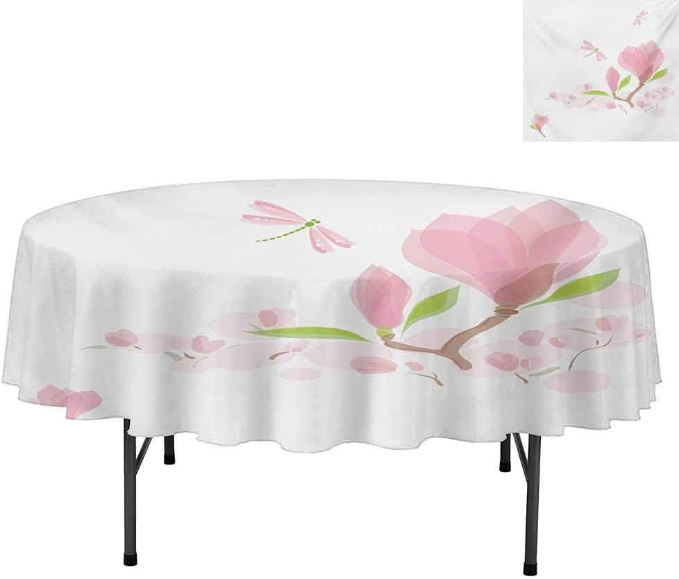 Aishare Store Waterproof Tablecloth, Magnolia Branches and Leaves in Soft Tones Romance in Sp, Tablecloth for Home Kitchen Dining Room, Round 36", Pale Pink Lime Green
