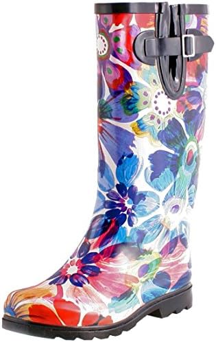 TWO Nomad Women's Colorful Pattern Print Waterproof Rain Boots (7 B(M) US, Blue Multi Flower)