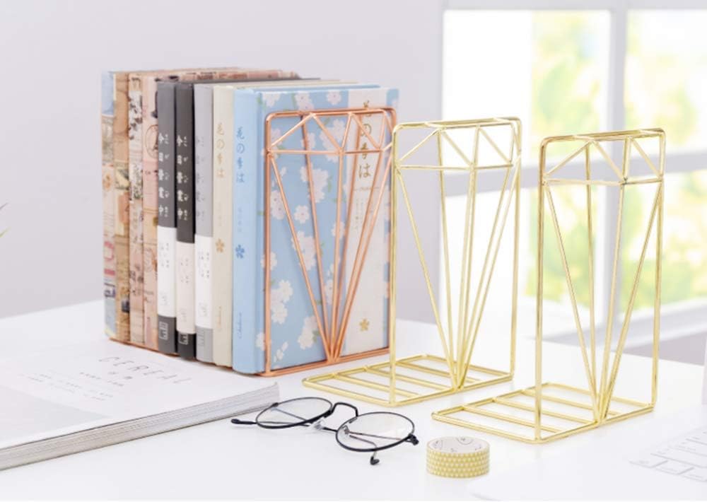 Rose Gold Bookends Large Capacity Office Book Ends Hollow Nonskid Metal Book Rack Book Stand Heavy Duty Bookshelf Desk Tidy Organiser for Home Office Library School Study Decoration - Image 3